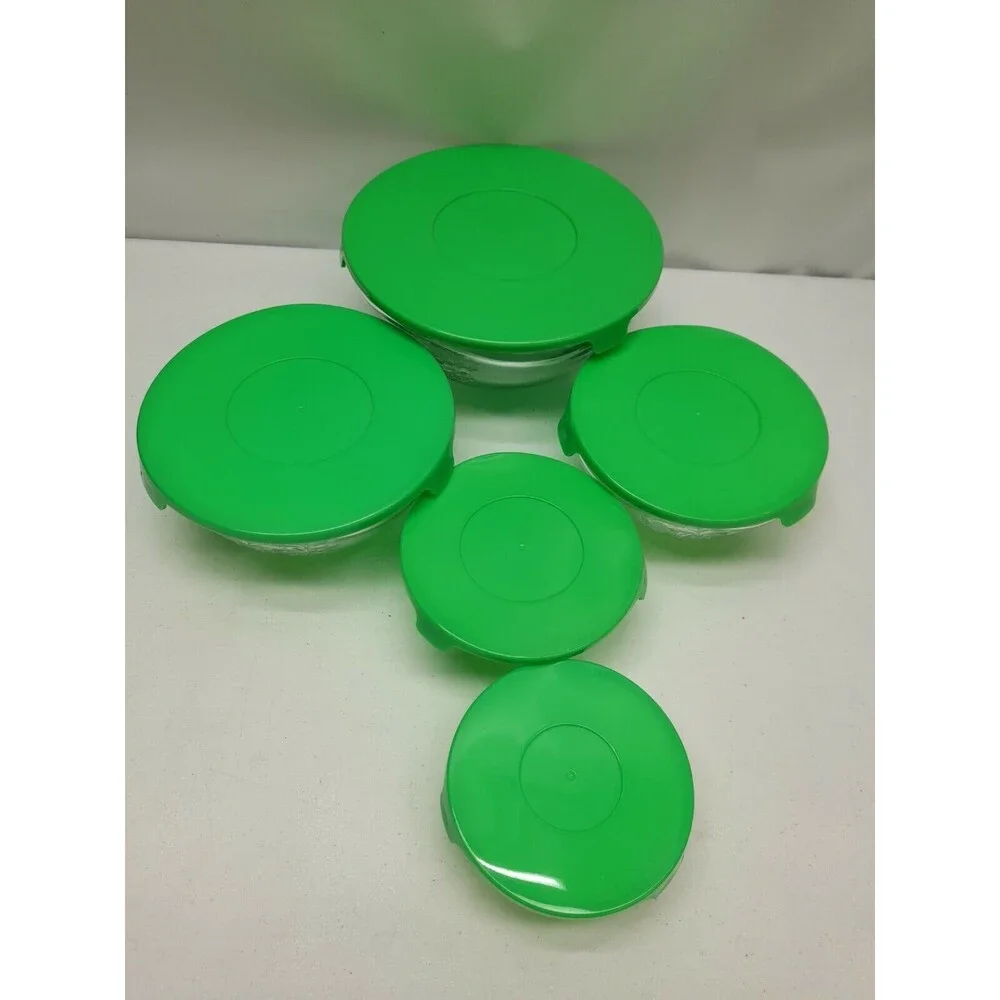 Set of 5 Clear Glass Nesting Bowls & Green Lids Grape Design